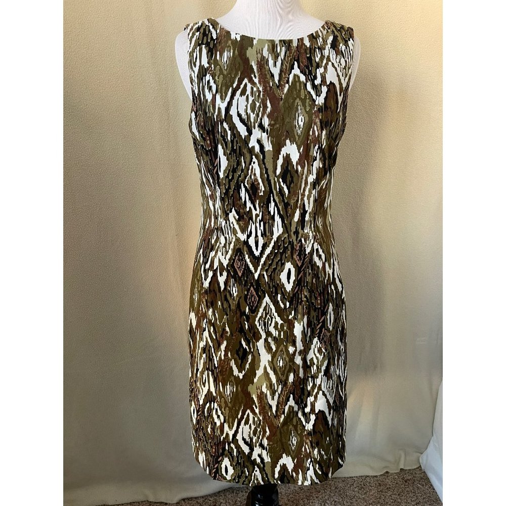 Connected Olive Green/Black/White Abstract Print Sleeveless Sheath Dress, Size 6